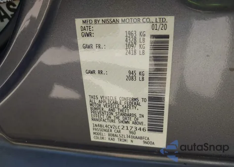 2020 Nissan Altima Sr Fwd from USA, damaged, VIN 1N4BL4CV2LC217346